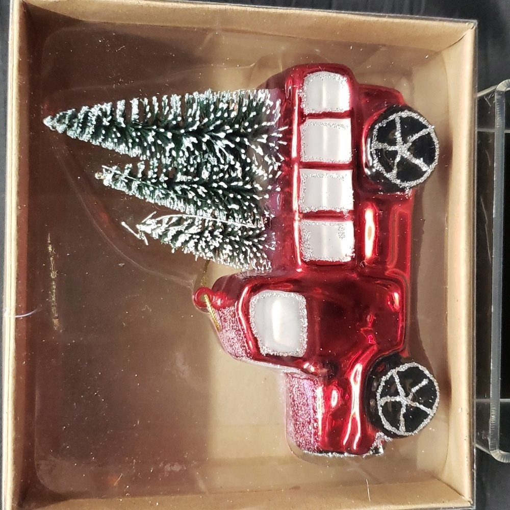 Dennis East International NWT Red Glass Truck with Christmas Trees Ornament